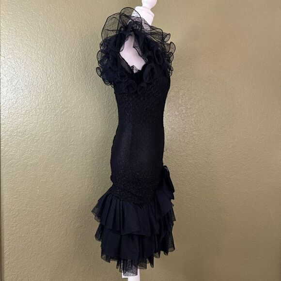 Vintage 80s 90s Talon Women’s 6 Chiffon Ruffled Cocktail Midi Dress Made in USA - Picture 4 of 8